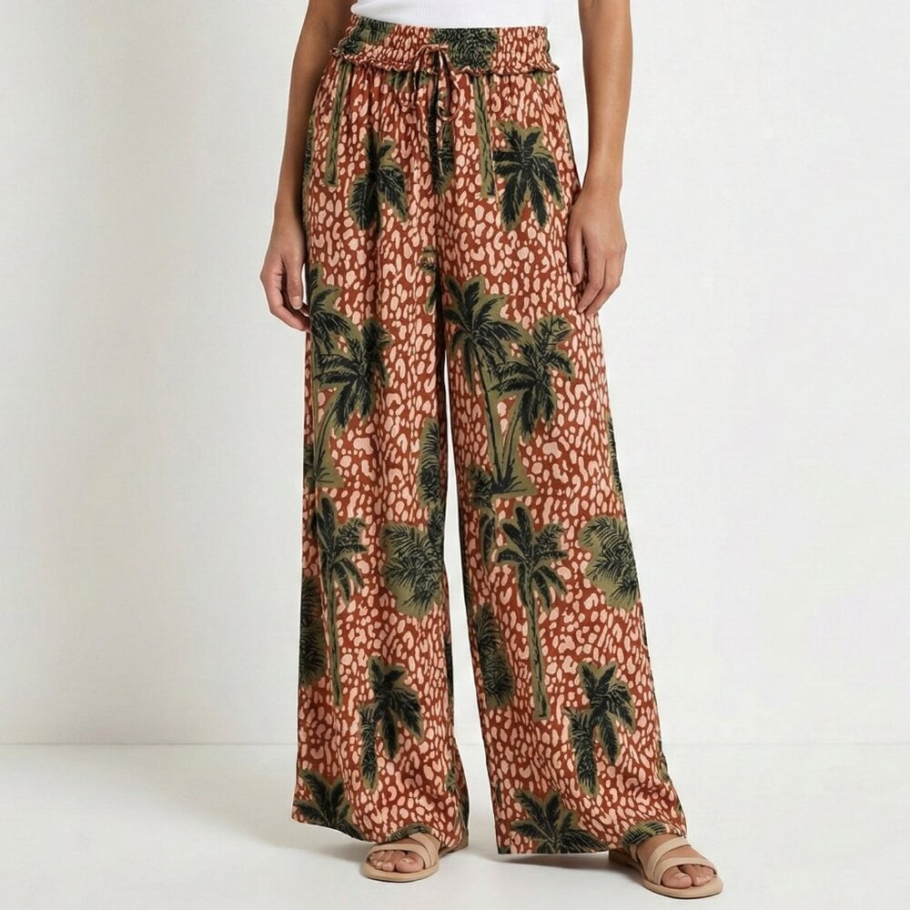 True Destinations Flare Pants Beach Coverup Wide Leg Tropical Palm Trees Small